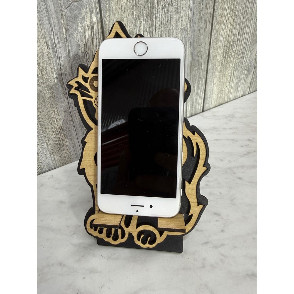 Wooden Cat Cell Phone Stand Laser Cut Feline Desk Accessory Heart Detail Black
